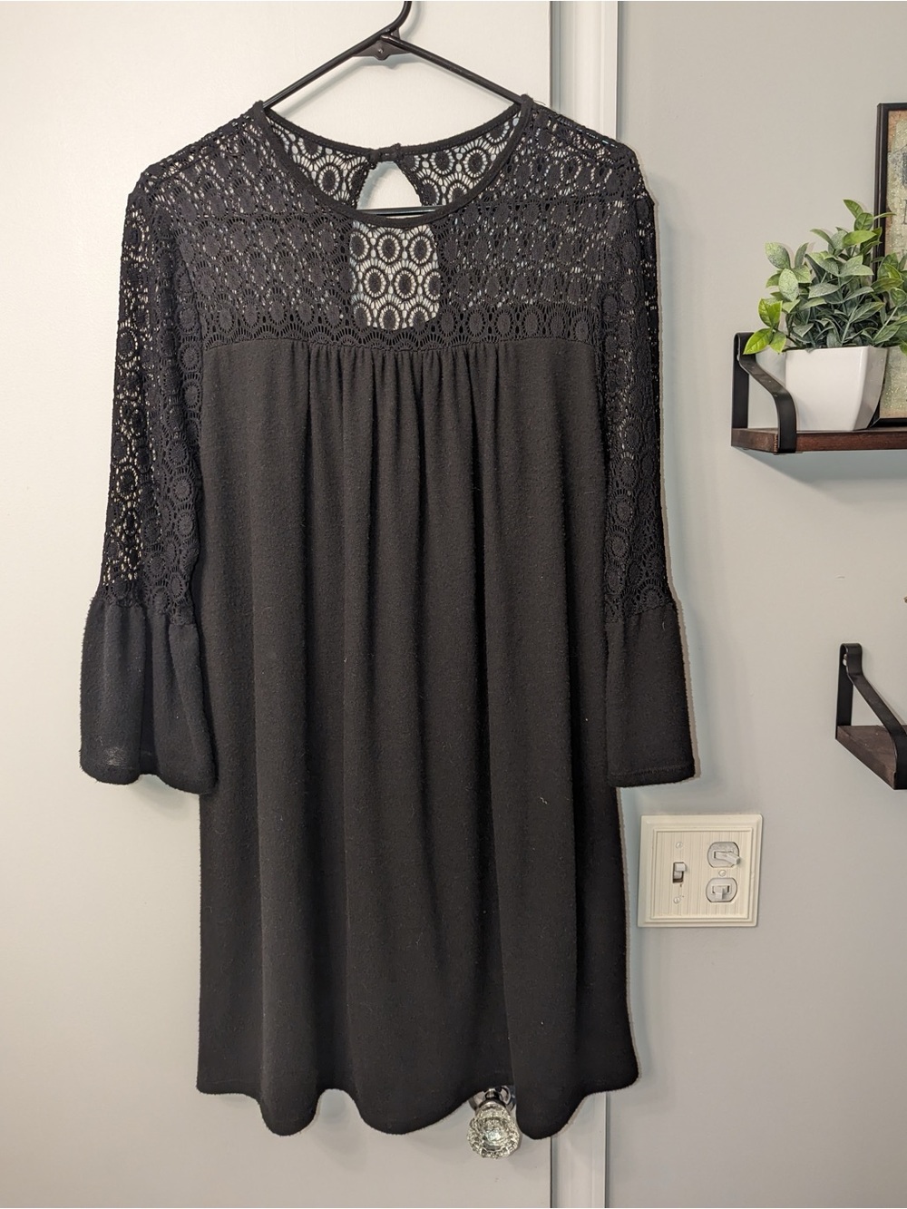 Black Lace Sweater Dress with Flared Sleeves
